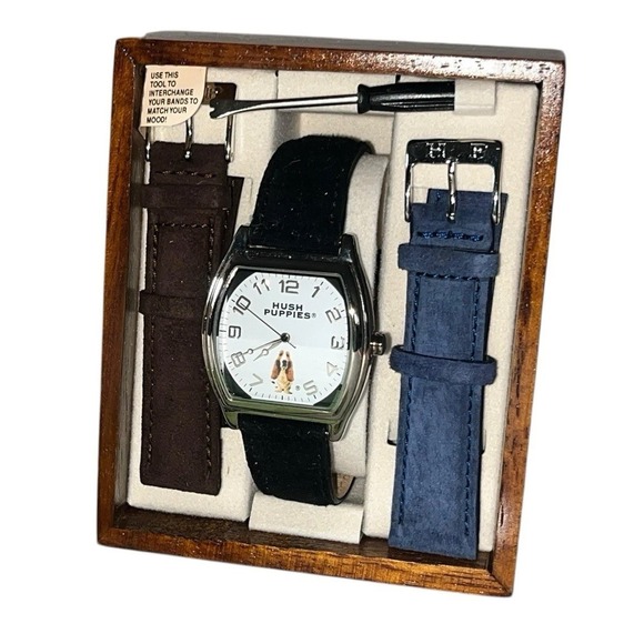 Vintage Hush Puppies Quartz Watch •Black Blue Brown Suede Bands NIB Very Rare - Picture 10 of 12